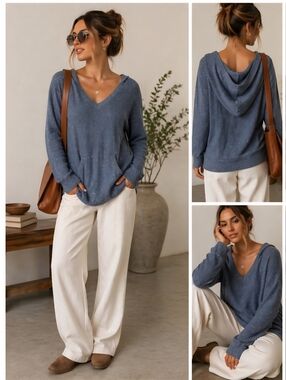 PrAna Blue Speckled Hooded Sweater | Oversized Cozy Pullover | Size M